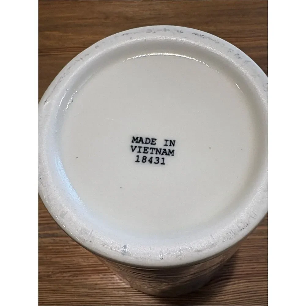 Rare Atomic Swirl Cream Ceramic Vase with Light Blue Scribble Pattern